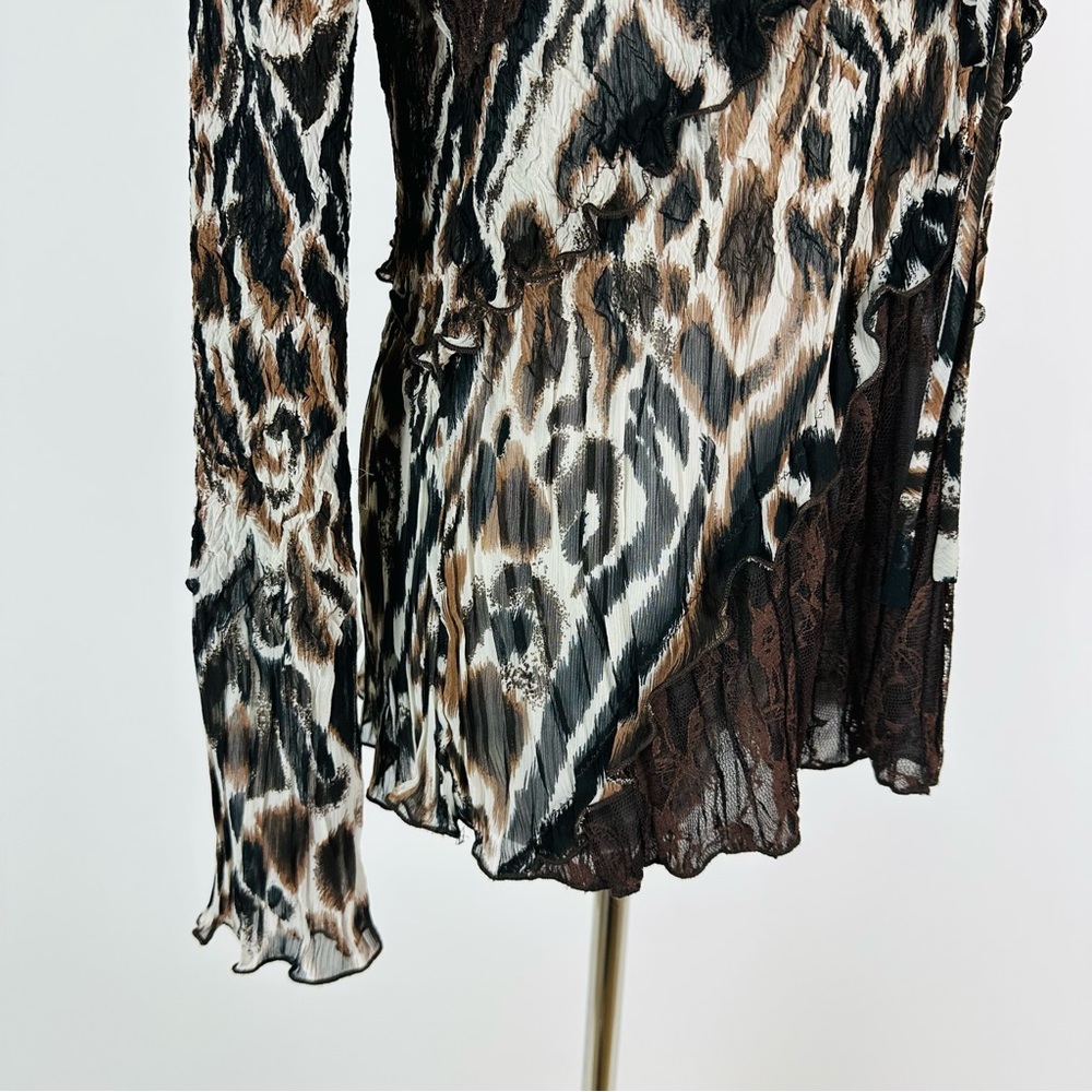 Alberto Makali 90’s Animal Print Ruffle Lace Crinkle Mixed Media Top Size Large - Picture 8 of 15